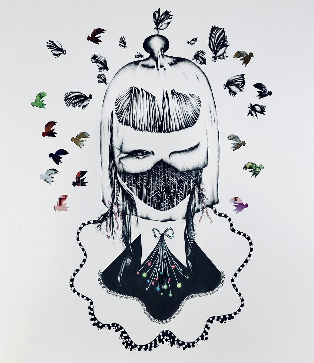 Black and white drawing of a surreal woman with head covered by a glass dome similar to a cake stand cover.  Fruitflies swarm around her head. Her face is partially torn off exposing a computer circuit board  suggesting she is a cyborg or part human, part robot, She has a blue bow around her neck and a necklace made of pearls and plants intertwined. 
