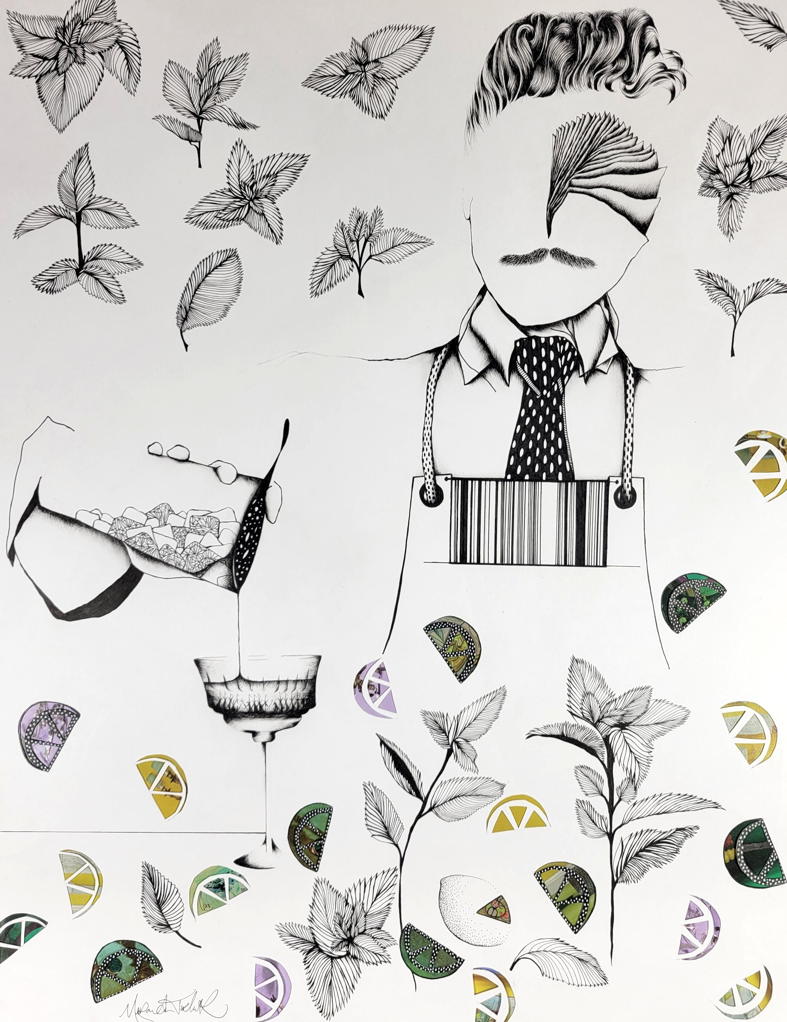 BLack and white surreal drawing of male bartender making a drink with cocktail shaker, lemon and lime patterns. mint drawing, mint pattern