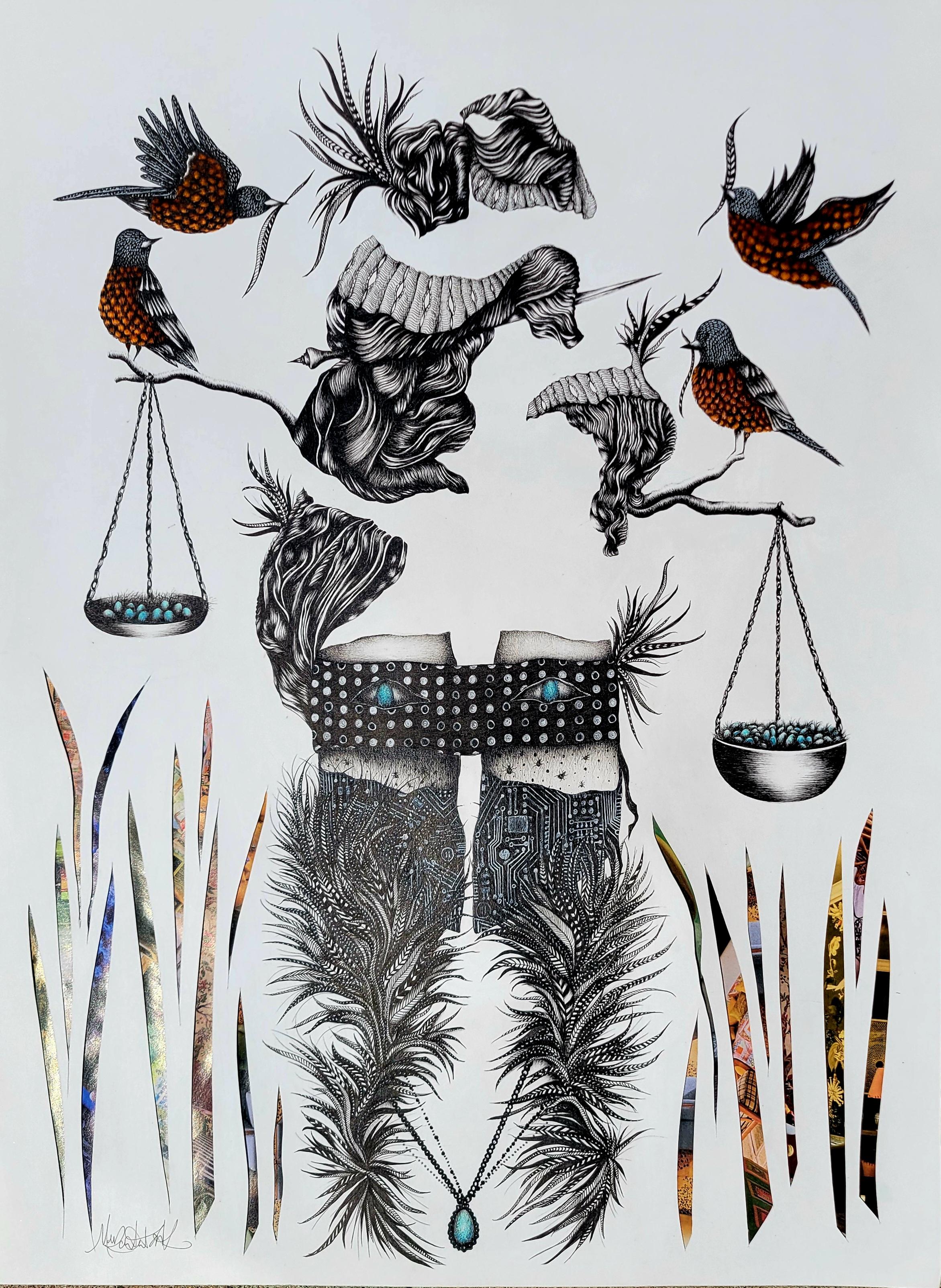 Mostly black and white ink drawing of a woman's face, blindfolded, with robin's eggs in place of eyes. She represents Lady Justice, with bowls of robins eggs in place of scales.  birds fly around her adding feathers to her hair, symbolizing bribes, suggesting corruption.