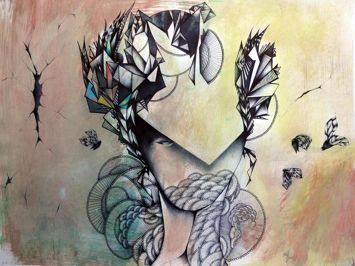 surreal drawing of woman with lace and flies