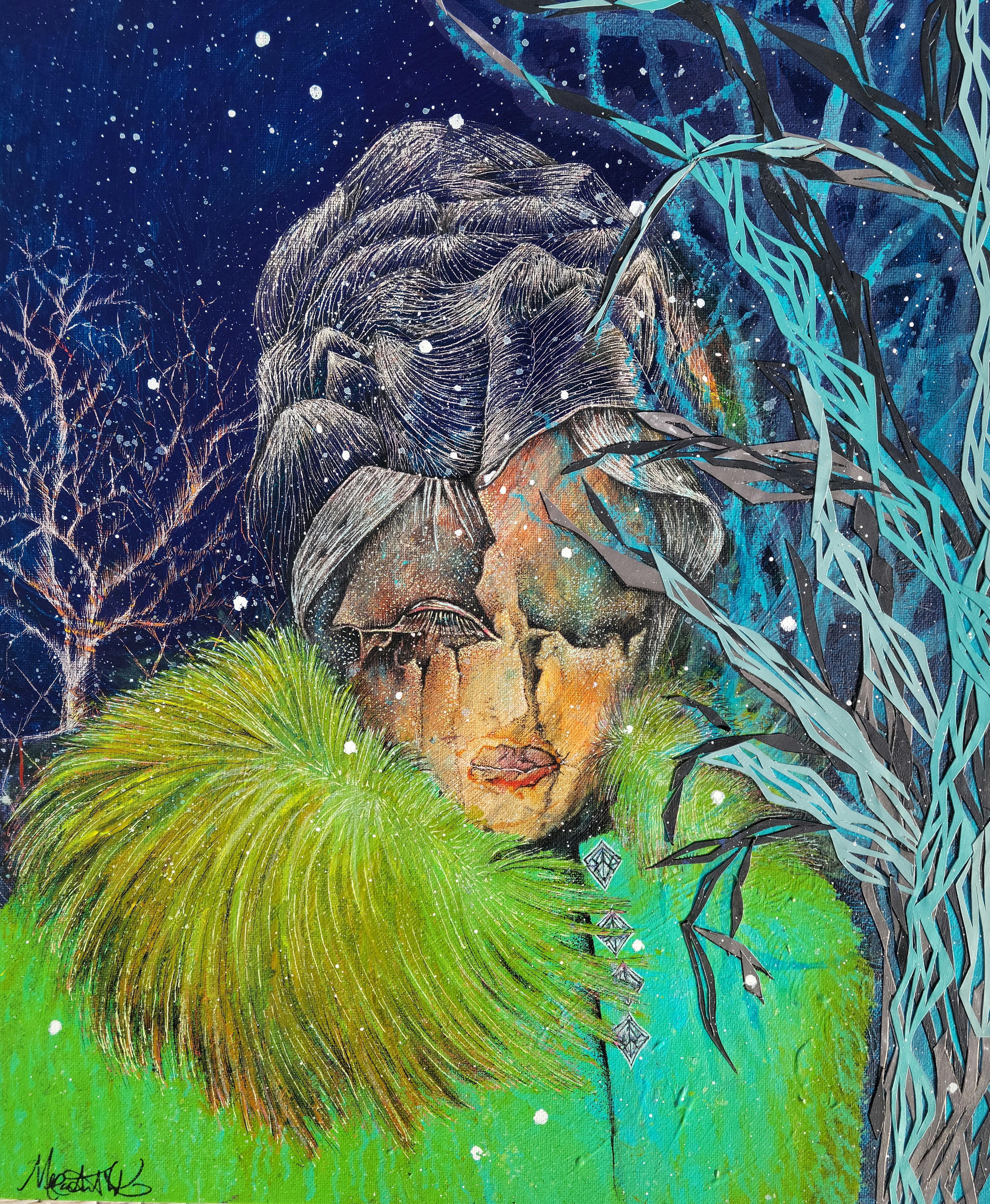 Surreal painting of blue woman with green fur coat walking in woods at night during winter snowfall